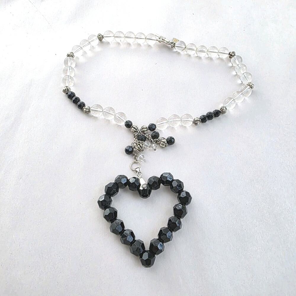 Vintage Beaded Heart Pendant‎ 18K White Gold Plated Crystal Glass Bead Necklace